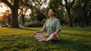 A peaceful person practicing mindfulness in a serene natural setting, representing mental health prioritization.