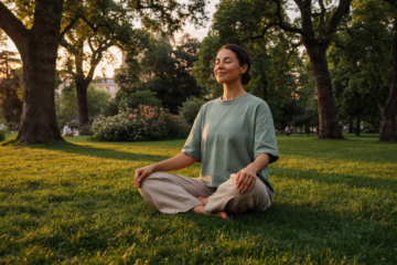 A peaceful person practicing mindfulness in a serene natural setting, representing mental health prioritization.